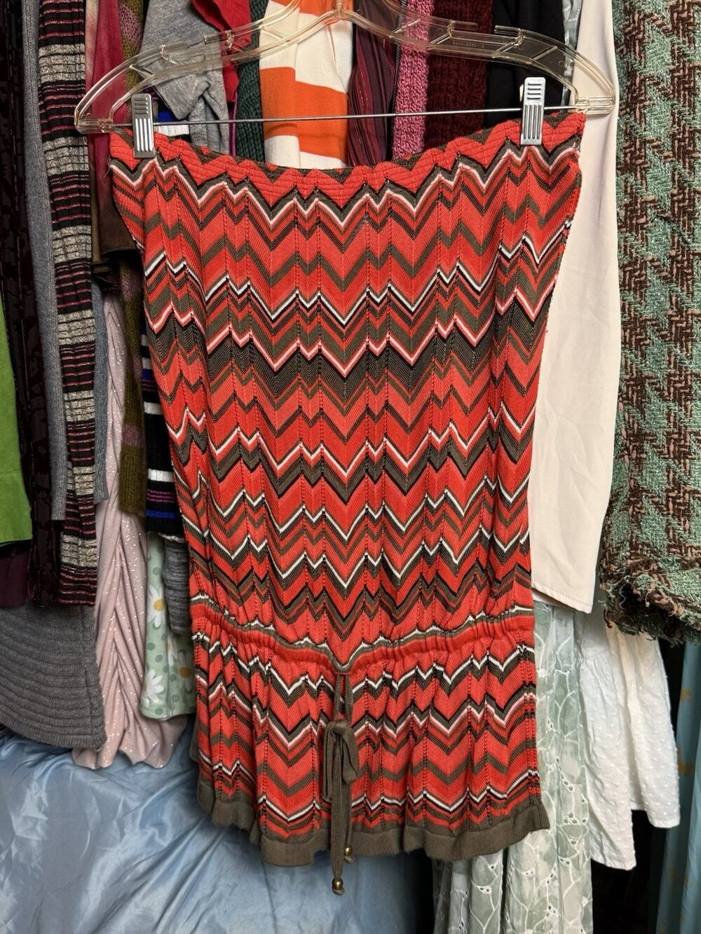 Cache Woman's Size XS Orange Multi-Color Zigzag Design Strapless Top/Blouse